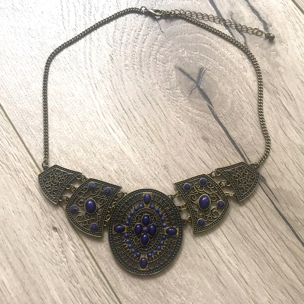 Blue mosaic necklace with dark gold finishes